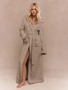 MISSGUIDED Luxury Plush Hooded Bathrobe Long Cozy Cable Knit Textured Bath Robe Warm Winter Loungewear Full Length Spa Robe With Belt Pockets - Brown - View 1