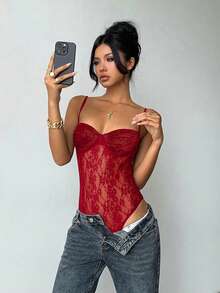 Aloruh Áo hai dây ren thắt nơ gợi cảm dành cho nữ, thích hợp mặc hàng ngày. - Đỏ - Xem 3