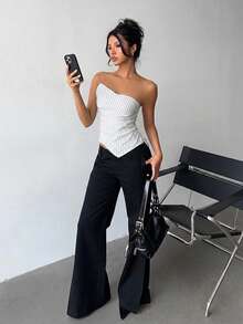Aloruh Damen Herbst/Winter Neu Pendler Alltags Tragen Taille Raffung Eng Asymmetrisch Plissee Gestreift Dunkelgrau Top - Weiss - Übersicht 7