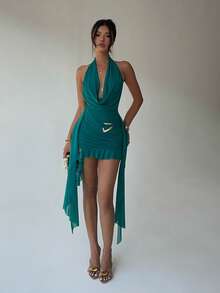 Aloruh Spring/Summer New Sexy Party Music Festival Wedding Season Beach Vacation Wedding Season Green Mesh Deep Draped Neck Backless Fitted Asymmetrical Ruffle Hem Mini Dress, St. Patrick's Day Dress, Boho Music Festival Dress - Green - View 7