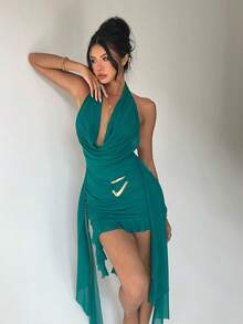 Aloruh Spring/Summer New Sexy Party Music Festival Wedding Season Beach Vacation Wedding Season Green Mesh Deep Draped Neck Backless Fitted Asymmetrical Ruffle Hem Mini Dress, St. Patrick's Day Dress, Boho Music Festival Dress - Green - View 8