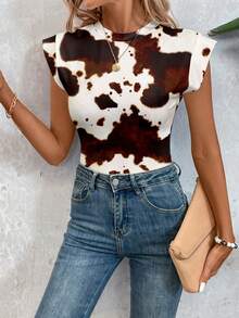 SHEIN LUNE 休闲简约波西米亚风优雅浪漫复古性感奶牛印花图案，适合西部风情、音乐节、海滩、度假装扮、夏季外出穿着的女士圆领短袖连体衣 - 彩色 - 查看 4