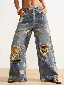 Bohemela Women's Vintage Distressed Print Loose Fit Jeans Women's Trousers Y2k Low Rise Jeans Summer Pants Printed Pants Distressed Jeans Summer Wide Leg Denim Painted Jeans Baggy Jeans With Designs Women Baggy Jean Patch Work Jeans Boho Chic Women's Clothing Women's Summer Outfits Bohemian Outfit For Women Women Vacation Outfit Sets Beach Outfit For Women Demin Outfit Women Fashion Women's Beach Outfits Yk2k Jeans - Multicolor - View 4