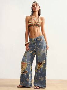 Bohemela Women's Vintage Distressed Print Loose Fit Jeans Women's Trousers Y2k Low Rise Jeans Summer Pants Printed Pants Distressed Jeans Summer Wide Leg Denim Painted Jeans Baggy Jeans With Designs Women Baggy Jean Patch Work Jeans Boho Chic Women's Clothing Women's Summer Outfits Bohemian Outfit For Women Women Vacation Outfit Sets Beach Outfit For Women Demin Outfit Women Fashion Women's Beach Outfits Yk2k Jeans - Multicolor - View 6
