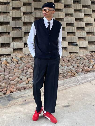 Ngobest Haus Ngobest Haus 男士纯色单排扣V领针织毛衣背心，适合秋冬