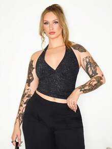 Arliah Fashionable Glittery Criss Cross Back Halter Neck Crop Top - Black - View 5