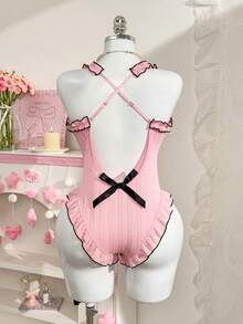 PetitDoll 女士性感露背蝴蝶结装饰连体裤，粉色 - 粉色 - 查看 2