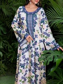 Al Najma 女士优雅阿拉伯风格数码印花长袖梭织连衣裙，春夏款 - 彩色 - 查看 6