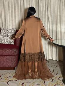 Maweii Cardigan décontracté avec boutons pour femmes grandes tailles, pour vacances et usage quotidien, avec ourlet à volants et empiècement en maille, ample et confortable, robe trapèze - Tabac - Voir 2