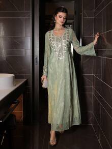 SHEIN Najma Luxurious Embroidered Beaded Loose Fit Party Maxi Dress, Turkish & Arabic Traditional Style - Green - View 4