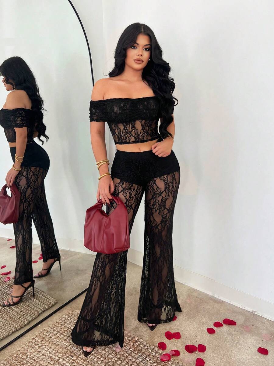 SHEIN SXY Black Lace Sexy Off-Shoulder Top & Semi-Sheer Pants Set - Black - View 1