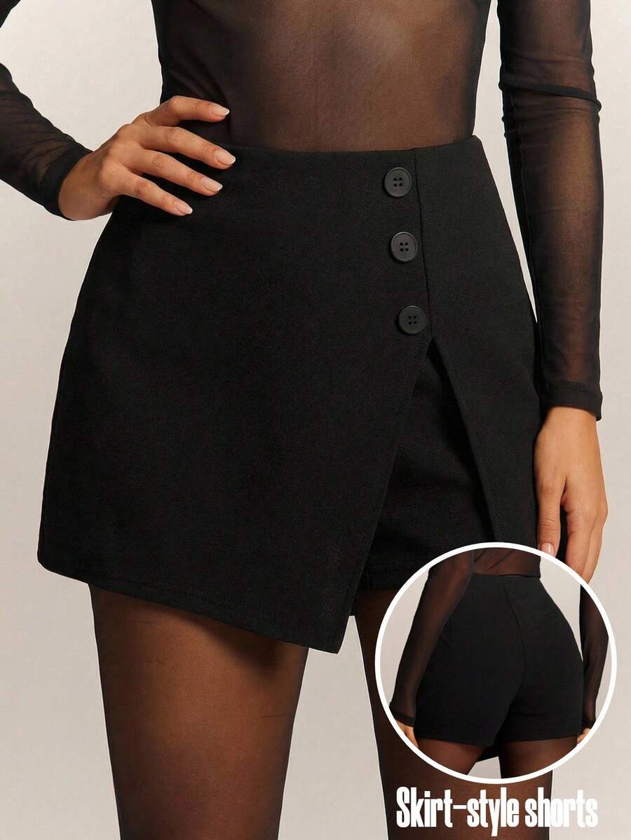 Radiana Women's Fashionable Minimalist Black High-Waisted Shorts, Black Culottes, Black Shorts, Solid Color Split Hem Skorts, Casual Pants, All-Match Versatile Shorts, Suitable For Commuting, Office, Casual Outings, Shopping, Gatherings, Business Black Skirt With Shorts Women's Skorts - Black - View 1