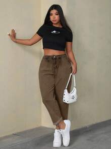 SHEIN ICON Plus Size Solid Color Casual Loose Fit Pockets Versatile Daily Wear Jeans - Brown - View 5