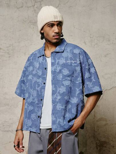 PAVTROS Men's Vacation Style Blue Cutout Embroidered Detail Short Sleeve Shirt