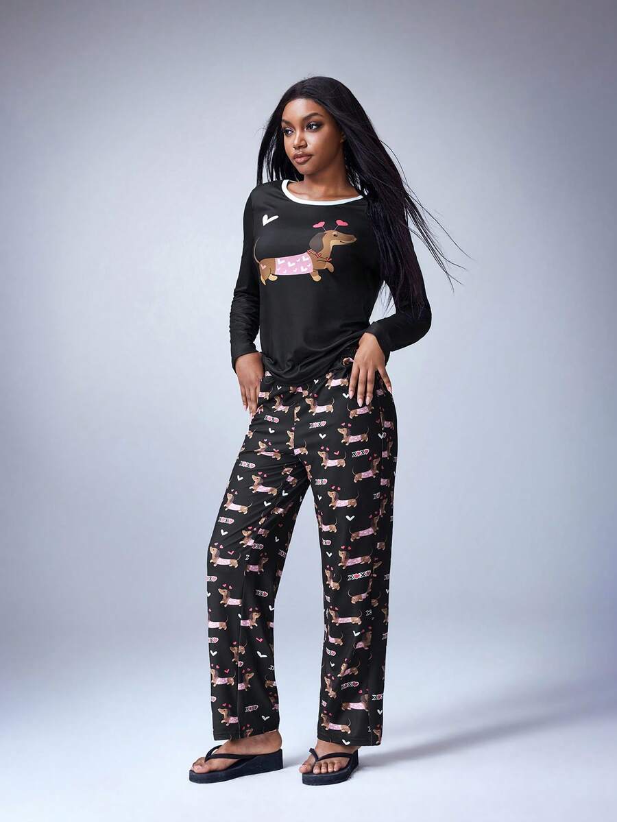 Shutterstock Y2Kool Women's Cute Cartoon Dog Print Long Sleeve Top And Pants Pajama Set, Spring/Autumn - Black - View 1