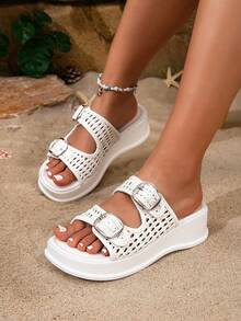 HighSole New Outer Wear Women's Summer Retro Fashion Versatile Sandals Hollow Platform Slippers - White - View 13