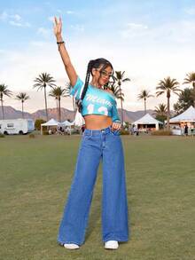 SHEIN PETITE 女士蓝色休闲直筒宽松牛仔裤，带腰带环 - 中等水洗藍 - 查看 3