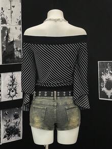 Jeanoix Women's Sexy Off Shoulder Striped Fabric Blouse - Black and White - View 2