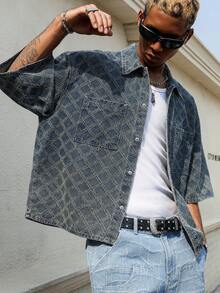 Manfinity EMRG Men's Casual Crochet Blue Denim Short Sleeve Shirt, Street Style - Medium Wash - View 8