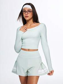 Eassivo Eassivo Áo tập yoga dài tay in họa tiết dành cho nữ, thiết kế nơ phối màu tương phản. - Màu xanh Cadet - Xem 10