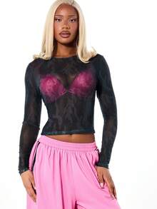 SUMWON WOMEN Camouflage Mesh Long Sleeve Top With Graphic Chest Print For Fall Winter Layering - Black - View 1