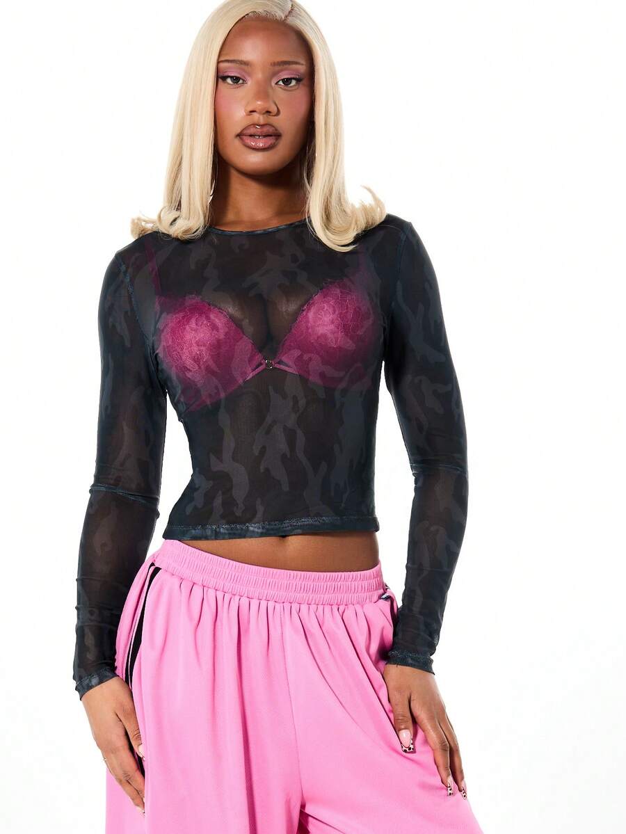 SUMWON WOMEN Camouflage Mesh Long Sleeve Top With Graphic Chest Print For Fall Winter Layering - Black - View 1