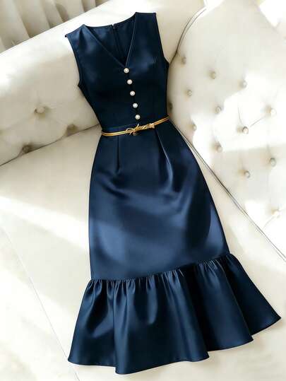 Franclia Navy Blue Satin Sleeveless V-Neck Pearl Button Waist Fishtail Maxi Dress, Versatile For Party, Work, Slimming And Elegant, Smooth Satin Fabric, Sophisticated Pearl Button Design, V-Neck Waist Navy Blue Sleeveless Fishtail Maxi Dress