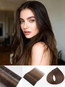 9AM HAIR 蝴蝶结发片，真人发，无胶 OVO PU 孔，手工编织，隐形 DIY 双层发片，直发，1 片装，16 英寸 - S2/2/6 - 查看 10