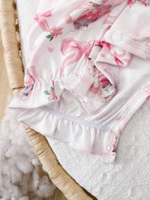 SHEIN Newborn Baby Girl Rabbit & Bow Print Romper, Summer - Baby Pink - View 6
