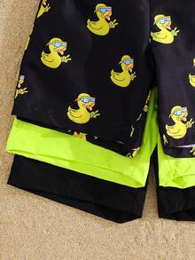 SHEIN 3pcs/Set Teen Boy Casual Vacation: 1pc All-Over Printed Yellow Duck Pattern And 2pcs Solid Swim Trunks, Suitable For Beach, Pool Party, Spring/Summer - Multicolor - View 7