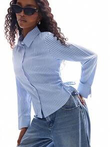 Ciel Poise Women's Blue And White Stripe Blouses,Autumn Chic City Break Slim Fit Waist Ruched Vertical Stripes Pointed Collar Curved Hem Urban Commute Blouse - Baby Blue - View 5