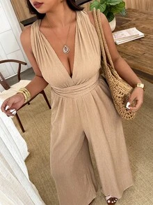 Weeklong Bộ jumpsuit nữ cỡ lớn cổ chữ V xếp ly, chất liệu vải mềm mại, đa năng, có phần eo thắt gọn, thích hợp cho mùa xuân/hè. - Màu Khaki - Xem 3