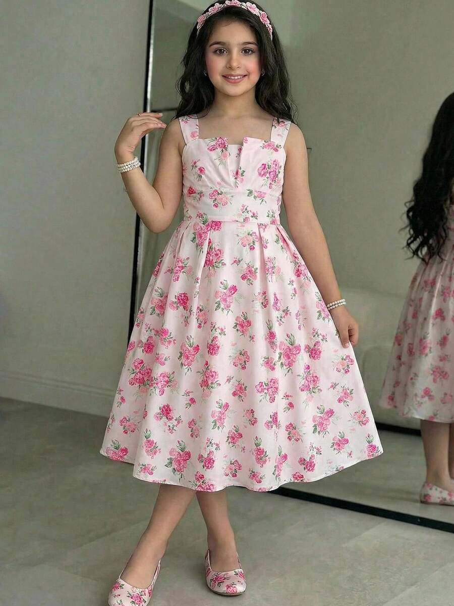SHEIN Vestido casual de vacaciones con estampado floral, decoración de rosa y lazo para niñas preadolescentes, primavera/verano - Rosa - Ver 1