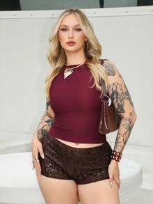 Arliah 女士通勤休闲露背蝴蝶结圆领无袖衬衫，紫色上衣 - 酒紅色 - 查看 1