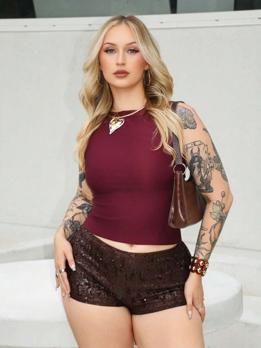 Arliah 女士通勤休闲露背蝴蝶结圆领无袖衬衫，紫色上衣 - 酒紅色 - 查看 1