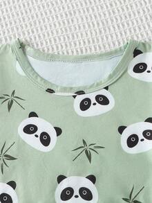 2-częściowy zestaw dla chłopca, dzianinowy, dwustronny polar, supermiękki i elastyczny, krótki rękaw, bluzka i spodnie, jasnoniebieski z białym barankiem, zielony z uroczym misiem - Wielokolorowe - Zobacz 8