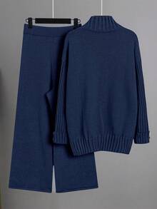 Franclia 2pcs/Set Women Solid Color Mock Neck Long Sleeve Top And Pants Casual Set Knitwear Setsweater Setsweater Setstwo Piece Sweater Setsweater Pants Set - Royal Blue - View 2