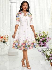 SHEIN Lady Women's Elegant Printed Dress & Jacket 2 Pieces Set - Multicolor - View 6