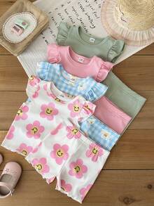 SHEIN 8件套/女婴（0-3岁）春夏新款休闲日常外出可爱趣味格子向日葵短袖背心T恤上衣和短裤8件套 - 彩色 - 查看 4