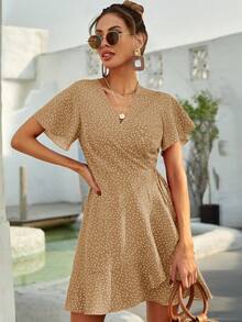SHEIN Holidaya Đầm chữ A thắt nút bên hông chấm bi màu đỏ tía dành cho nữ. - Màu Khaki - Xem 4