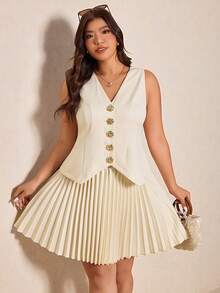 Elaquor Bộ đồ 2 mảnh cỡ lớn, màu trơn, cổ chữ V, không tay, cài cúc phía trước, kiểu dáng thanh lịch tối giản. - Màu be - Xem 7