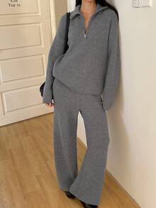 DAZY Women's Casual Solid Color Half-Zip Sweater And Wide Leg Pants 2 Pieces Set, Autumn/Winter - Light Grey - View 4