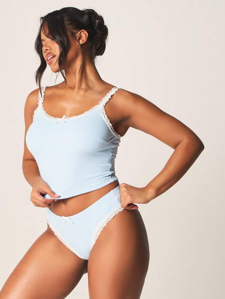 MISSGUIDED Ribbed Camisole And Cheeky Brief Set With White Lace Trim Lingerie Sleepwear Intimate Apparel Soft Comfortable Matching Underwear