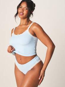 MISSGUIDED 罗纹吊带背心和性感三角裤套装，白色蕾丝边饰，内衣睡衣，贴身衣物，柔软舒适，配套内裤 - 藍色 - 查看 3