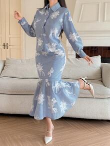 DAZY Women's Elegant Striped Floral Print Blouse And Fishtail Skirt 2-Piece Set, Spring/Summer - Blue - View 4