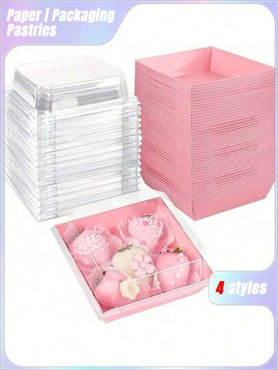 5个/25个/50个装纸质熟食盒，带透明安全盖，方形甜点盒，烘焙盒，适用于草莓、蛋糕片、布朗尼和肉桂卷等，也适用于糖果、巧克力、马卡龙、蛋糕三明治等食品，适用于婚礼、派对和特殊场合，厨房配件，烘焙用品，厨房收纳整理。
