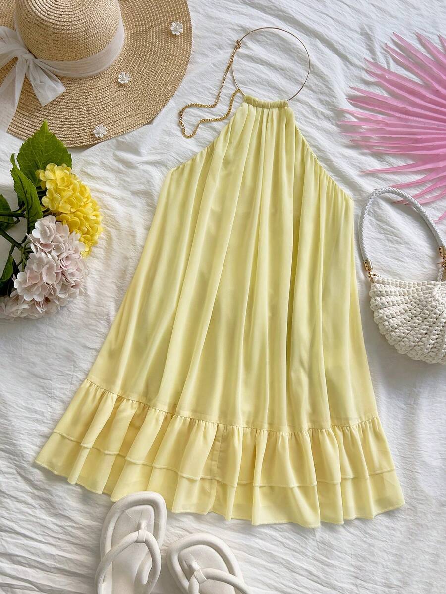Soleia Women's Chiffon Elegant Cream Yellow Spaghetti Strap Mini Dress, Women's Date Dress, Women's Night Out Dress, Women's Summer Dress, Women's Honeymoon Set, Women's Wedding Guest Dress, Island Vacation Set, Women's Wedding Guest Dress, Women's Sundress, Women's Elegant Party Dress, Women's Birthday Dress - Light Yellow - View 1