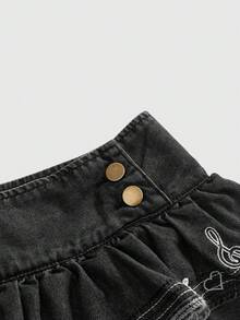 ROMWE Avant Women's Retro Y2K Music Festival Musical Note Embroidered Ruffle Hem Super Low Waist Mini Denim Skirt - Black - View 3
