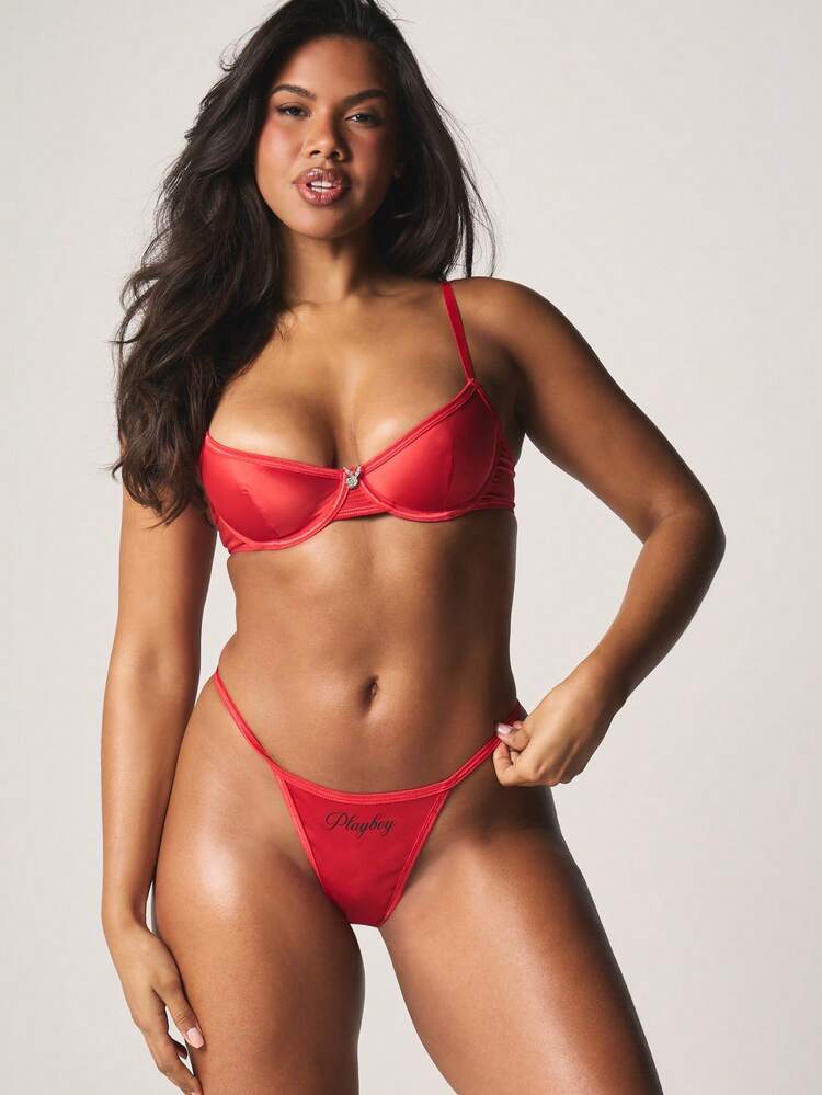 Missguided x Playboy Satin Bra And Thong Panty Set With Rhinestone Bunny Charm Underwire Support Intimate Lingerie For Valentine's Day