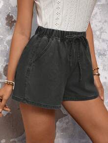 SHEIN LUNE 女式宽松休闲牛仔短裤，配有腰带和口袋 - 黑色 - 查看 3